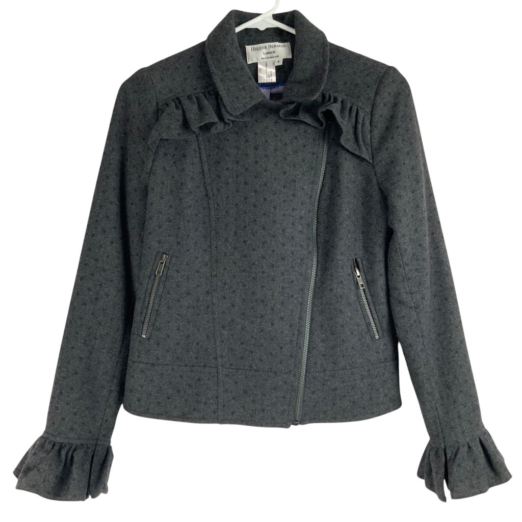 Helene Berman Gray Star Print Flared Long Sleeve Zip Up Wool Jacket Size 4